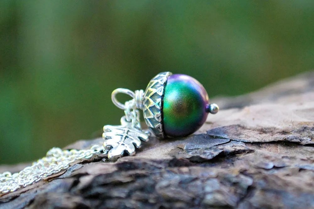 Silver Beetle Magic Acorn Necklace | Iridescent Rainbow Green Acorn Pendant | Forest Nature Jewelry