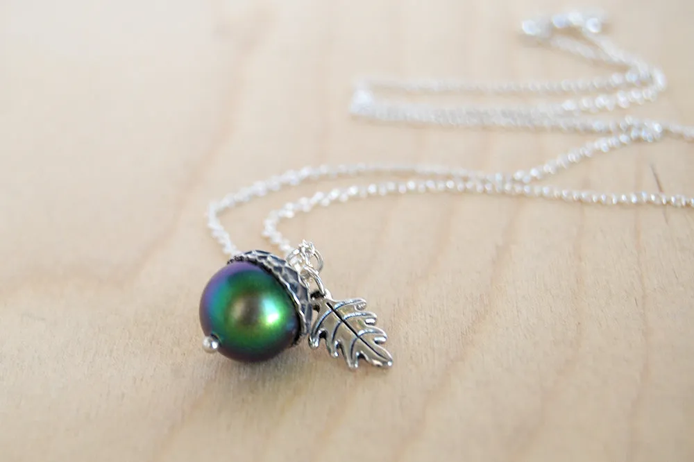 Silver Beetle Magic Acorn Necklace | Iridescent Rainbow Green Acorn Pendant | Forest Nature Jewelry