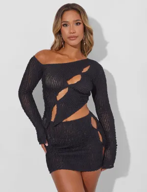 Textured Cut Out Asymmetric Top Co Ord Black