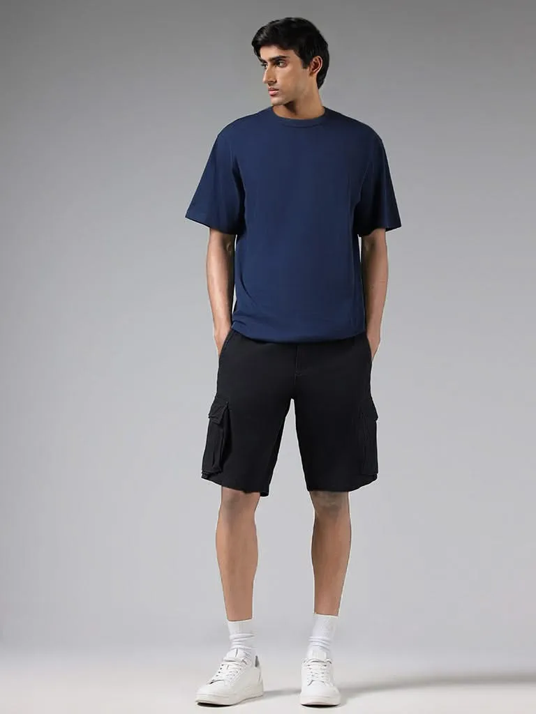 WES Casuals Solid Navy Cotton Relaxed-Fit Mid-Rise Shorts