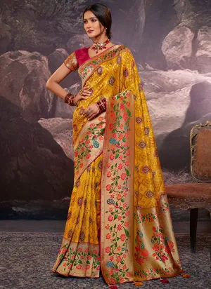 Yellow Weaved And Printed Traditional Jacquard Silk Saree